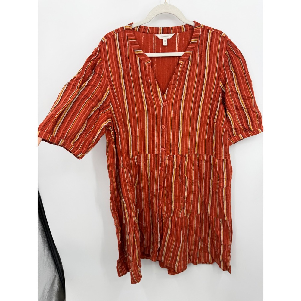 Garnet Hill Striped Tiered Shirt Dress Womens XL Red Organic Cotton Gauze Boho